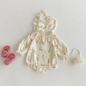0-2Y Baby Girl Romper Tulip Print Bonnet Hat